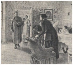  Imagem de uma sala, no início do século XX. Um homem que entra, duas criadas à porta , uma mulher que se levanta surpreendida, outra sentada junto de uma criança à mesa, um homem sentado ao piano.